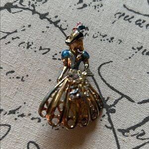 Vintage Bonnet Full Skirt Lady Brooch with Flowers Figural Enamel Metal Pin